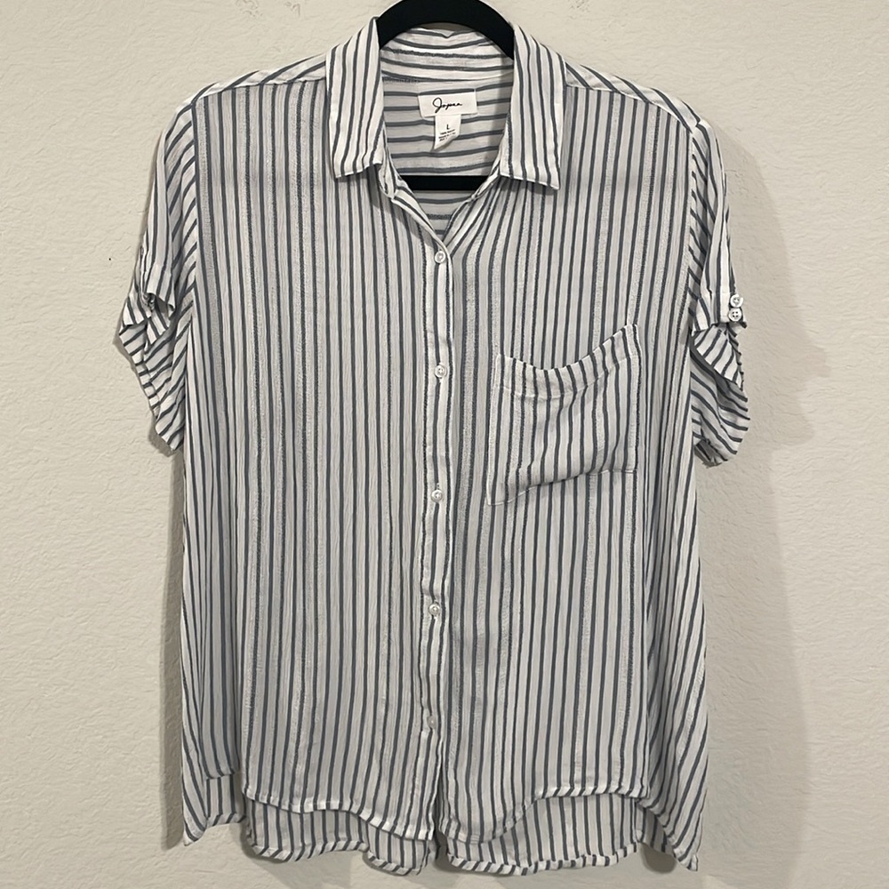 Japna Women's Button Front Top Large Blue & White Railroad Striped Classic